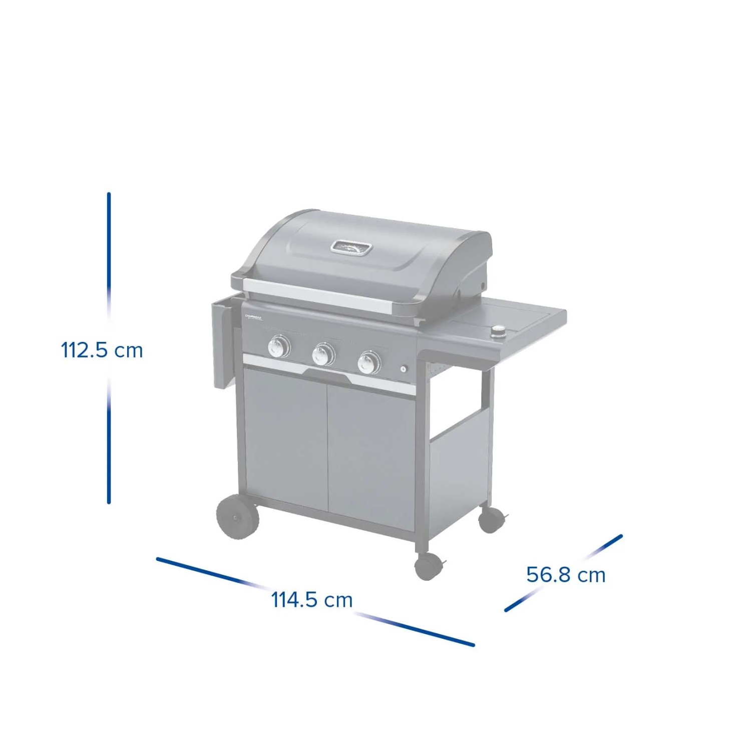 Barbecue a gas t.b.t. con dimensioni: 112.5 x 114.5 x 56.8 cm.