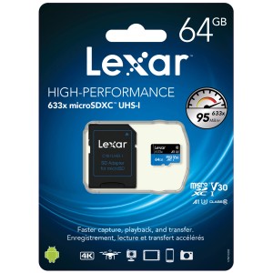 Scheda di memoria Lexar microSDXC 64GB con adattatore SD ad alte prestazioni.