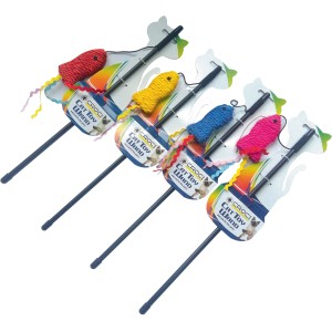 Canne da pesca per gatti t.b.t. colorate con giocattoli a forma di pesce.