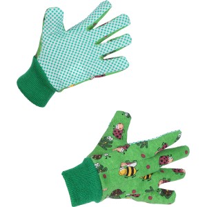 Guanti da bambino LUX Beetle taglia 5, guanti da giardinaggio verdi con motivo a scarabeo e pois.