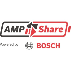 Logo Bosch AMPShare, sistema a batteria per utensili professionali.