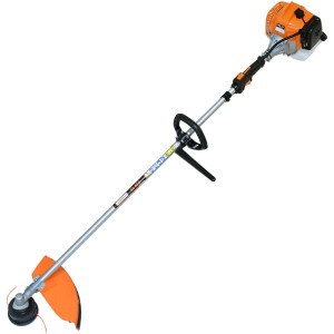 Decespugliatore t.b.t. per giardinaggio, con corpo arancione, albero argentato e manico nero.