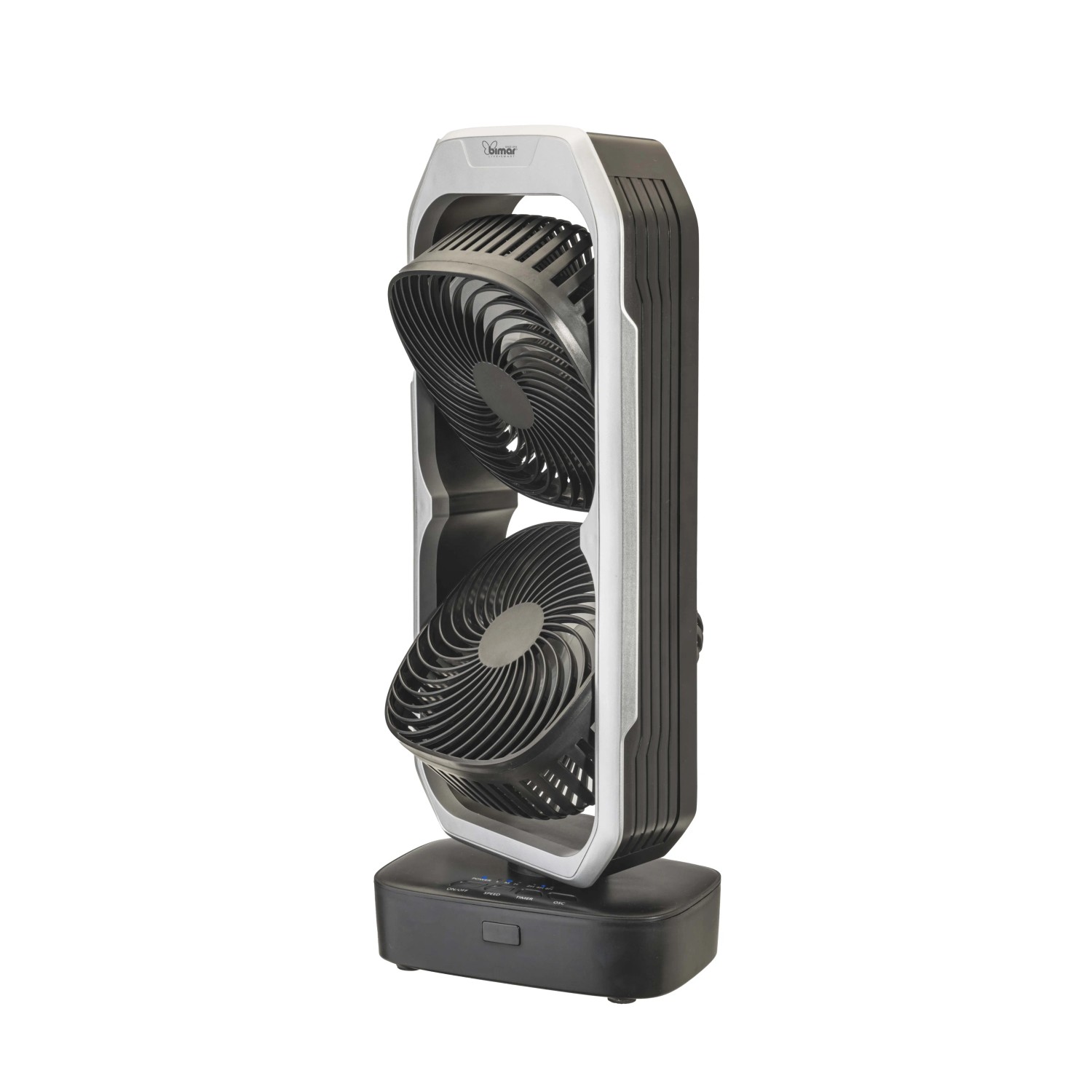 Ventilatore a torre nero t.b.t. con due ventole per una circolazione ottimale dell'aria.