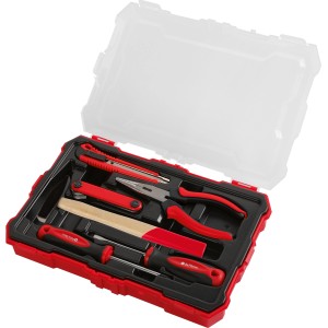 Set di attrezzi t.b.t. in valigetta rossa con cacciaviti, pinze e taglierino.