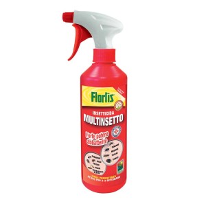 Spray insetticida Floris, flacone rosso con spruzzatore per il controllo degli insetti.