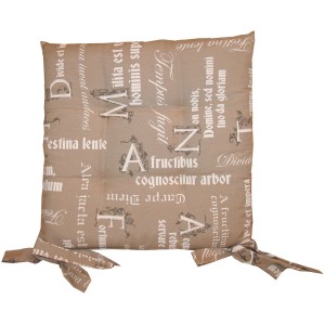 Cuscino quadrato con scritte latine e lacci.