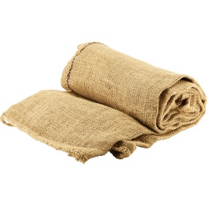 Due sacchi di juta (50 kg) in materiale naturale, uno arrotolato, uno disteso. Ideale per giardino e trasporto.