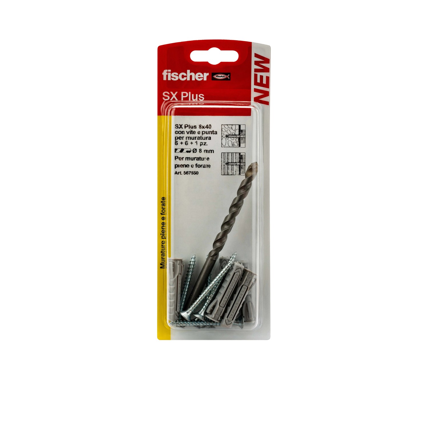 Set tasselli Fischer SX Plus con viti e punta per muratura.