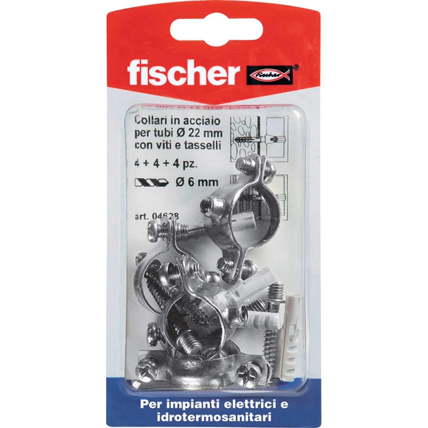 Set collari per tubi Fischer, acciaio, Ø 22mm, con viti e tasselli per impianti elettrici e idrosanitari.