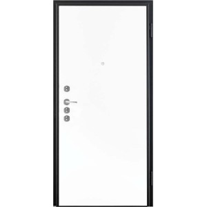 Porta blindata bianca con telaio nero, ferramenta e spioncino.