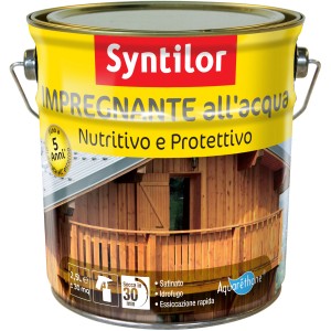 Impregnante per legno Syntilor in secchio di metallo giallo. A base d'acqua, nutriente e protettivo.