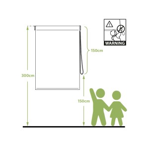 Schizzo: tenda a rullo/pacchetto t.b.t. con dimensioni e avviso di sicurezza per bambini.