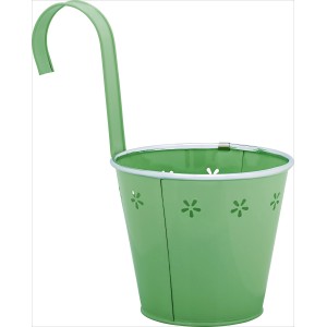 Vaso da appendere in metallo verde con motivo floreale per balcone e terrazza.