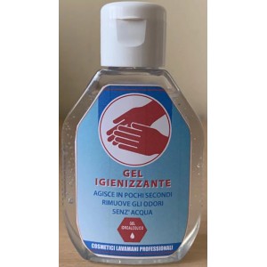 Gel igienizzante mani t.b.t. per la pulizia, flacone con etichetta.