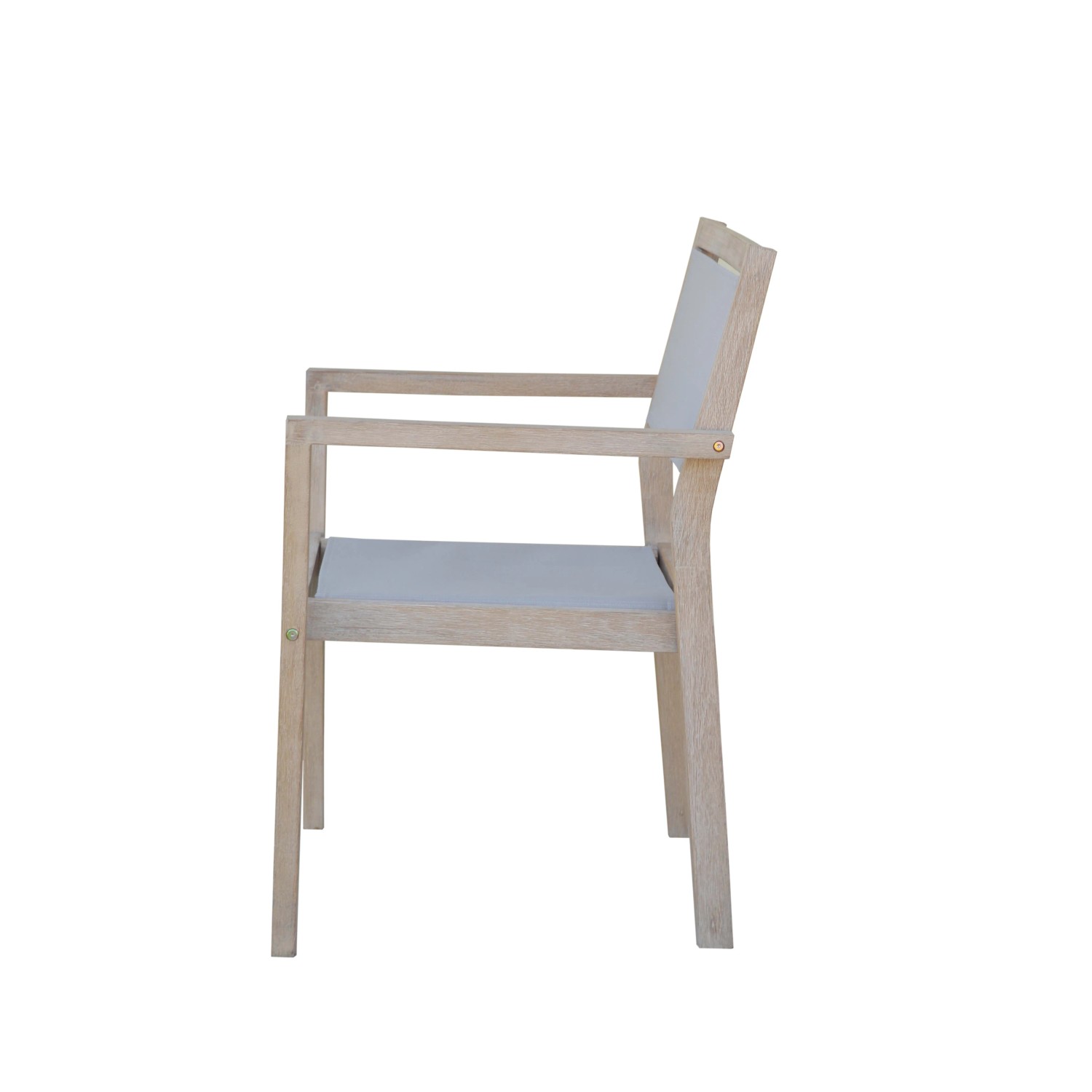 Sedia da giardino t.b.t. in legno con braccioli, vista laterale.