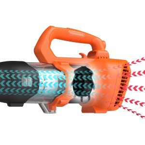 Soffiatore elettrico Black+Decker BEBL185, 1850 W, ventola assiale con illustrazione del flusso d'aria.
