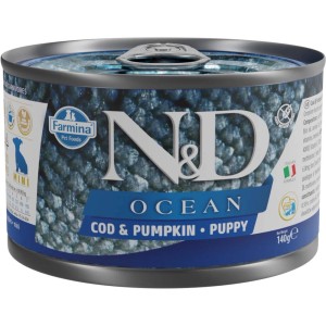 N&D Ocean cibo umido per cani con merluzzo e zucca per cuccioli, lattina da 140g.