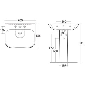 Disegno tecnico di un lavandino t.b.t. con dimensioni.