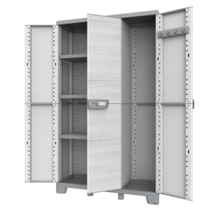 Armadio portautensili grigio aperto con ripiani e barra appendiabiti.