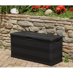 Box contenitore nera t.b.t. per mobili da balcone da esterno.