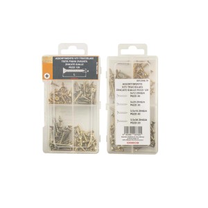 Set di viti per legno zincate gialle, varie misure, assortite in scatole di plastica.