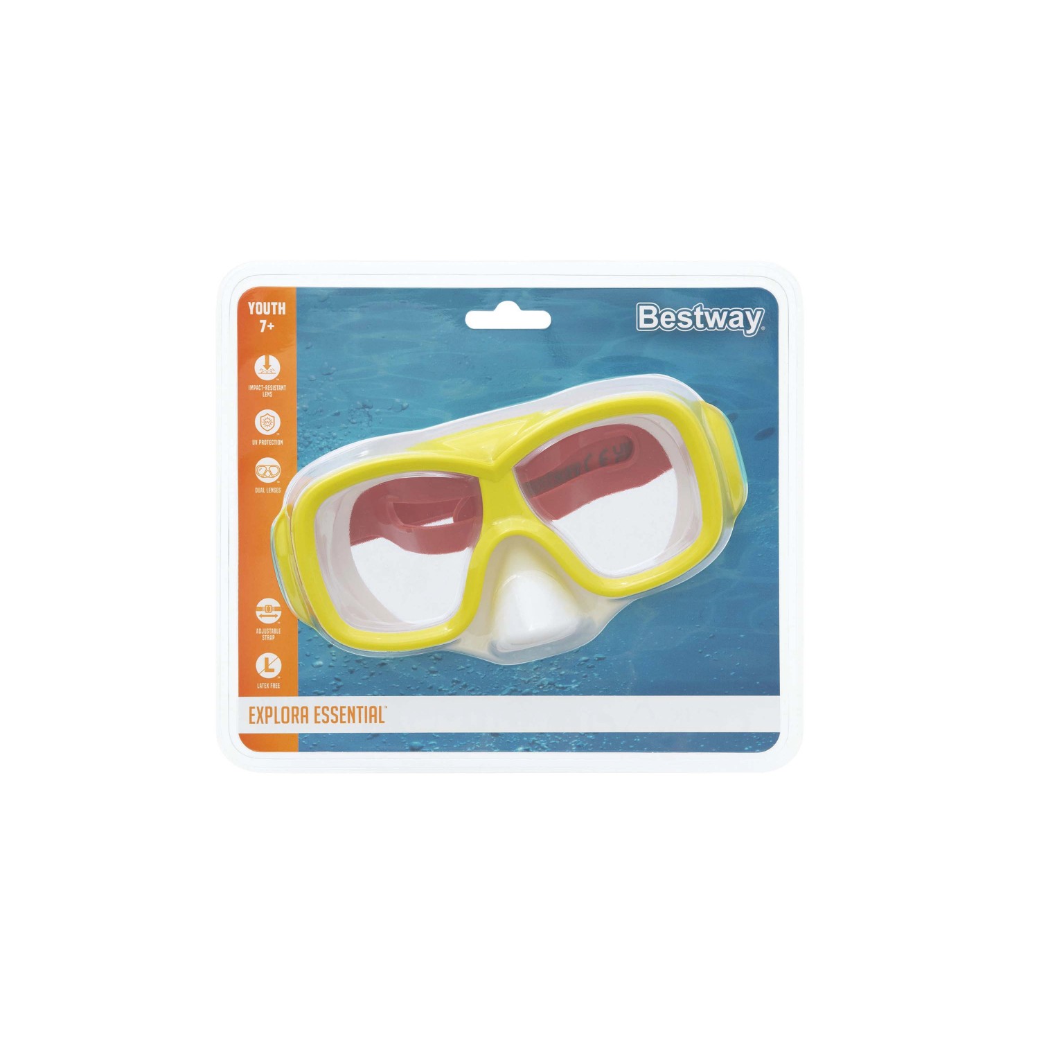 Maschera da immersione Bestway giallo-bianca per bambini, confezionata.