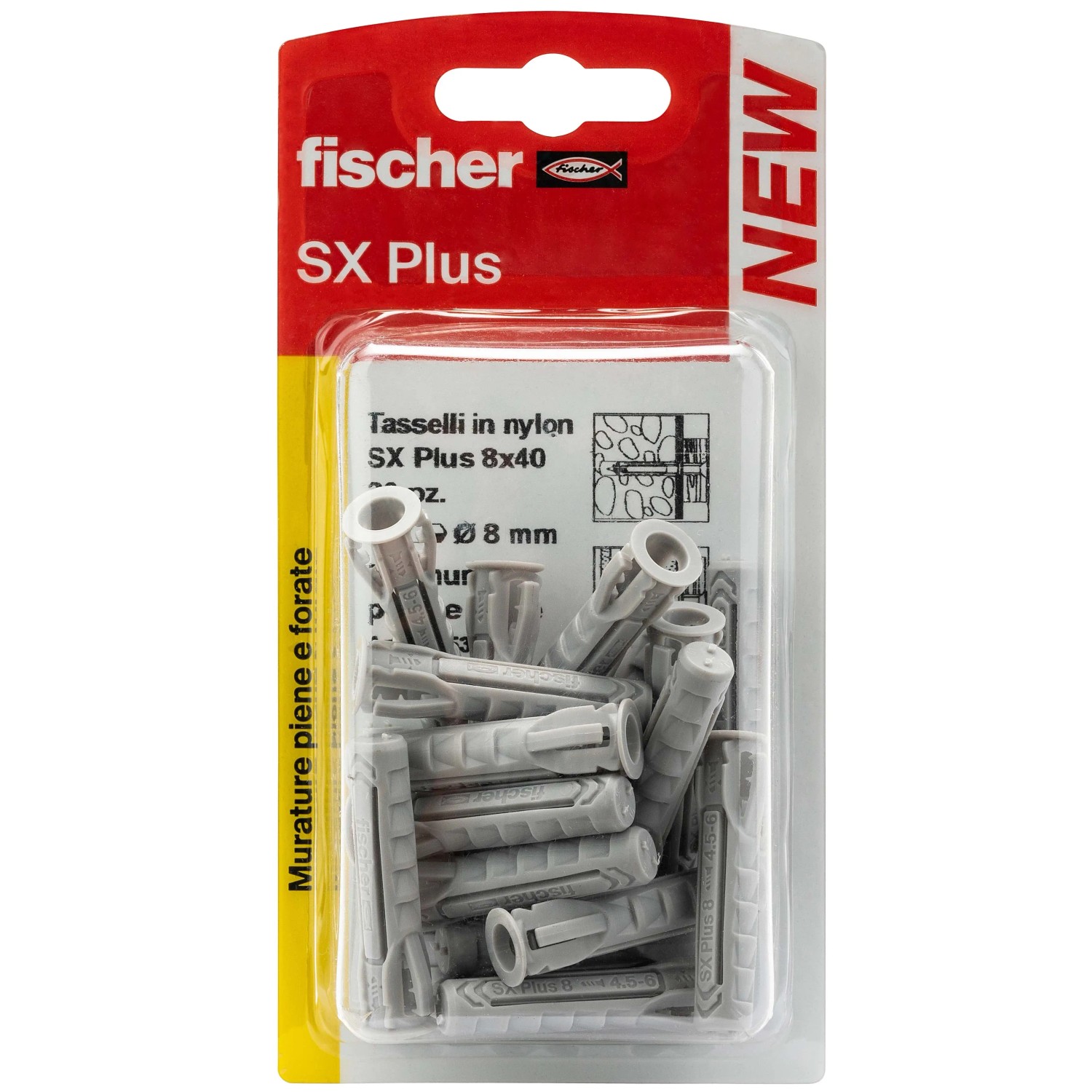 Tasselli Fischer SX Plus, 8x40 mm, adatti per muratura piena e forata.