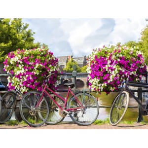 Dipinto in stile Quadri: Biciclette lungo un canale con fioriere.