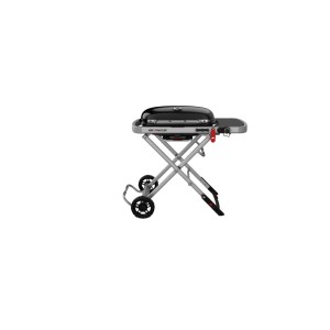 Barbecue a gas Weber Traveler con un bruciatore, mobile e compatto per il viaggio.