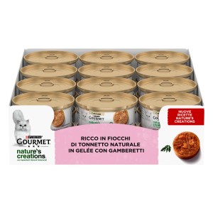 Lattine di tonno e gamberetti in gelatina per gatti, marca Gourmet Nature's Creations.