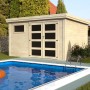 Decor et Jardin casetta da giardino in legno naturale Paolo (390x305cm) accanto alla piscina. Casetta con finestra e doppia porta.