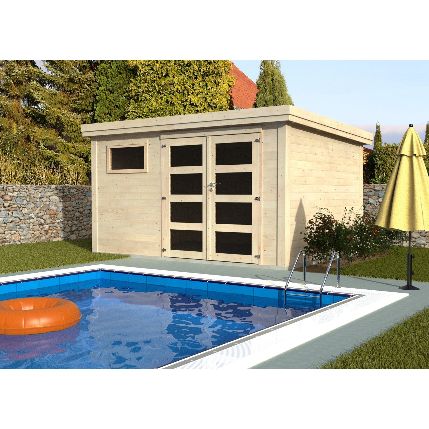 Decor et Jardin casetta da giardino in legno naturale Paolo (390x305cm) accanto alla piscina. Casetta con finestra e doppia porta.