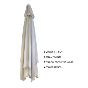 Ombrellone bianco piegato (3x3m) in poliestere, antivento. Accessorio per la protezione solare.