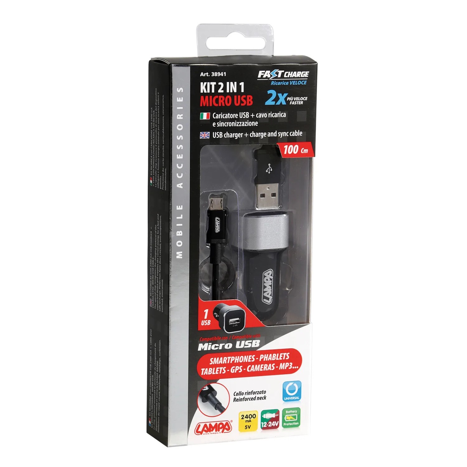 t.b.t. Accessorio auto interni: caricatore USB con cavo in set 2 in 1.