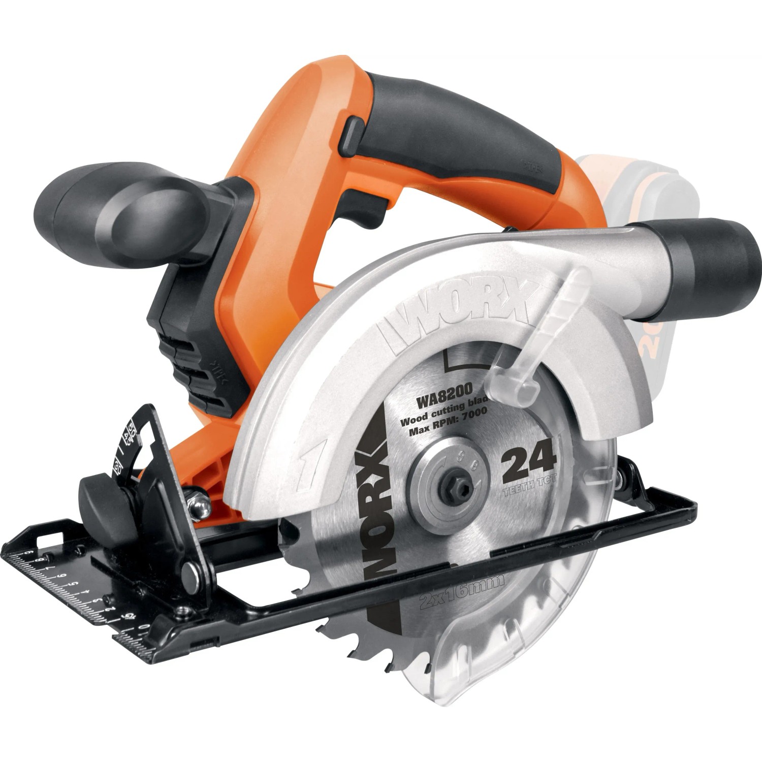 Sega circolare a batteria compatta Worx WX529.9, 20 V, con lama e corpo arancione.
