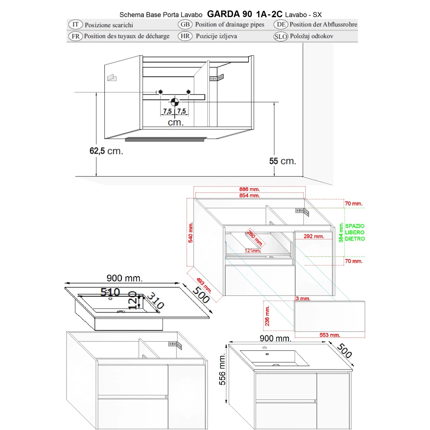 Disegno tecnico mobile bagno Garda 90, misure e dettagli per arredo bagno.