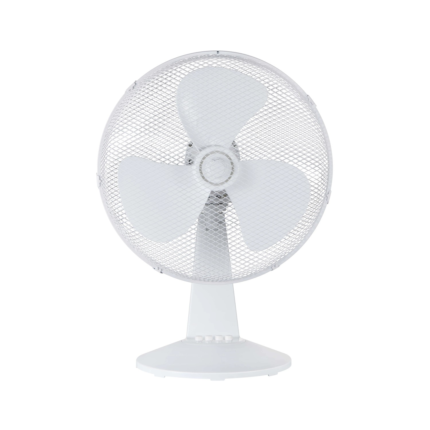 Ventilatore da tavolo bianco con griglia di protezione per un raffreddamento piacevole.