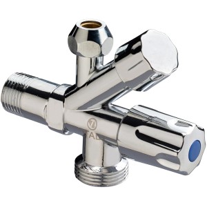 Valvola a sfera t.b.t. lucida con due maniglie e raccordi filettati.