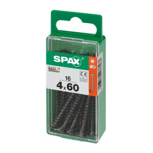 Viti universali Spax, 4x60 mm, zincate, nere, 16 pezzi in contenitore di plastica verde.