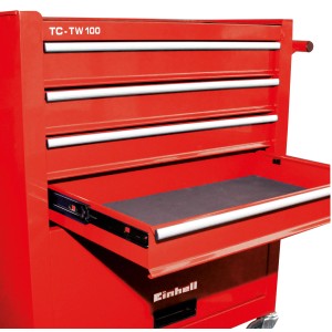 Carrello da officina rosso Einhell TC-TW 100 con cassetto aperto e quattro cassetti.