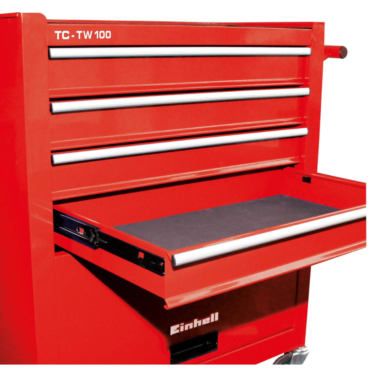 Carrello da officina rosso Einhell TC-TW 100 con cassetto aperto e quattro cassetti.