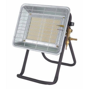 t.b.t. Stufa a gas con alloggiamento in metallo e supporto nero.