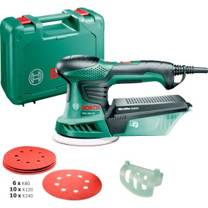 Levigatrice rotorbitale Bosch PEX 300 AE con accessori e carta vetrata in valigetta verde.