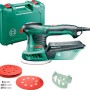 Levigatrice rotorbitale Bosch PEX 300 AE con accessori e carta vetrata in valigetta verde.