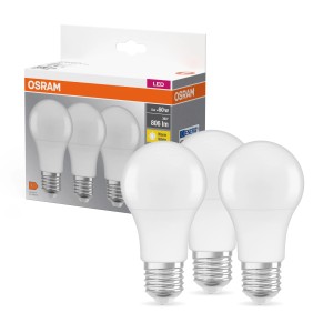 Osram LED E27, set da 3 lampadine, 8,5W, forma a bulbo, luce bianca calda.
