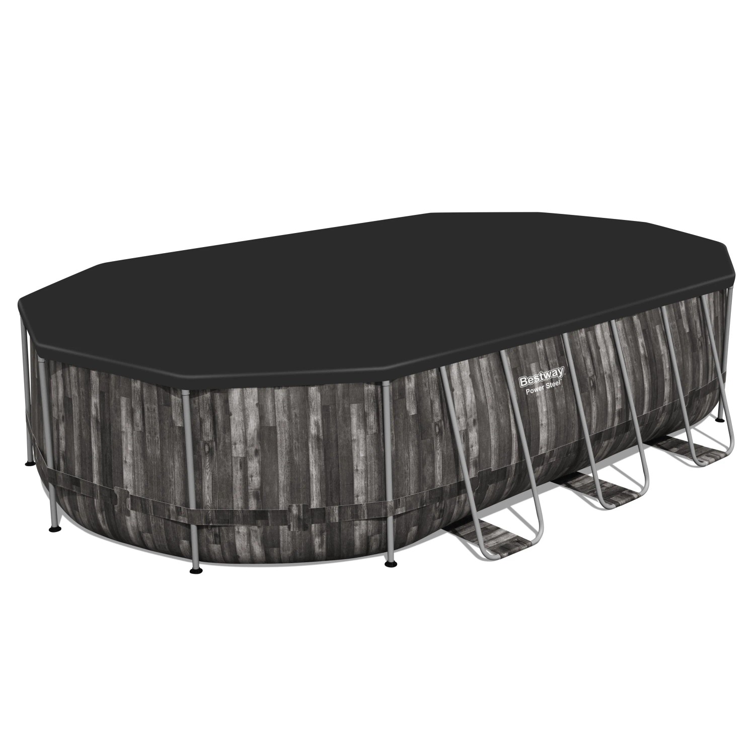 Piscina fuori terra ovale effetto legno con copertura nera. Piscina da giardino.