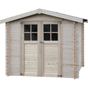 Casetta da giardino in legno con doppia porta e finestre. Ideale per riporre gli attrezzi da giardino.