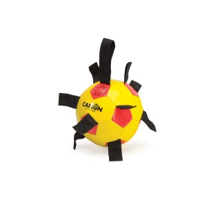 Palla giallo-rossa come robusto gioco da masticare per cani con anelli.