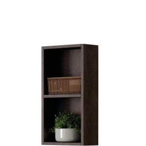 Mobile bagno sospeso t.b.t. scuro con due scomparti, decorato con cesto e pianta.