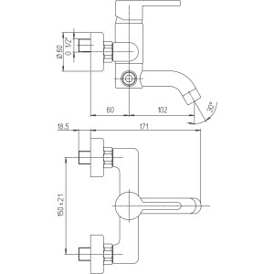 Disegno tecnico del rubinetto per vasca t.b.t. con dimensioni.